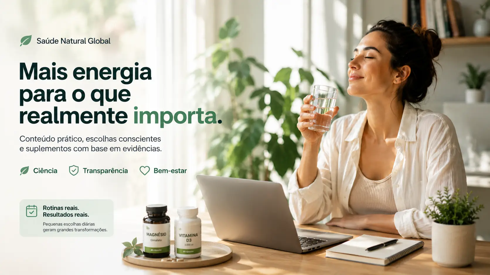 Pessoa em rotina moderna com luz natural, representando energia e recuperação