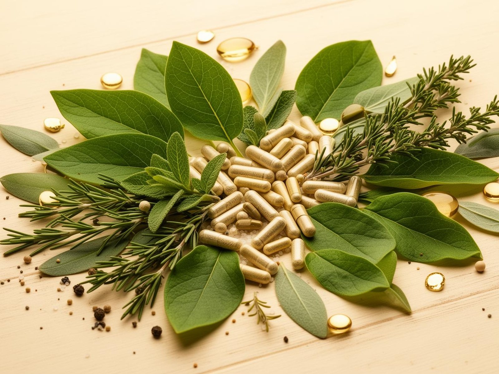 Folhas e cápsulas de suplementos naturais