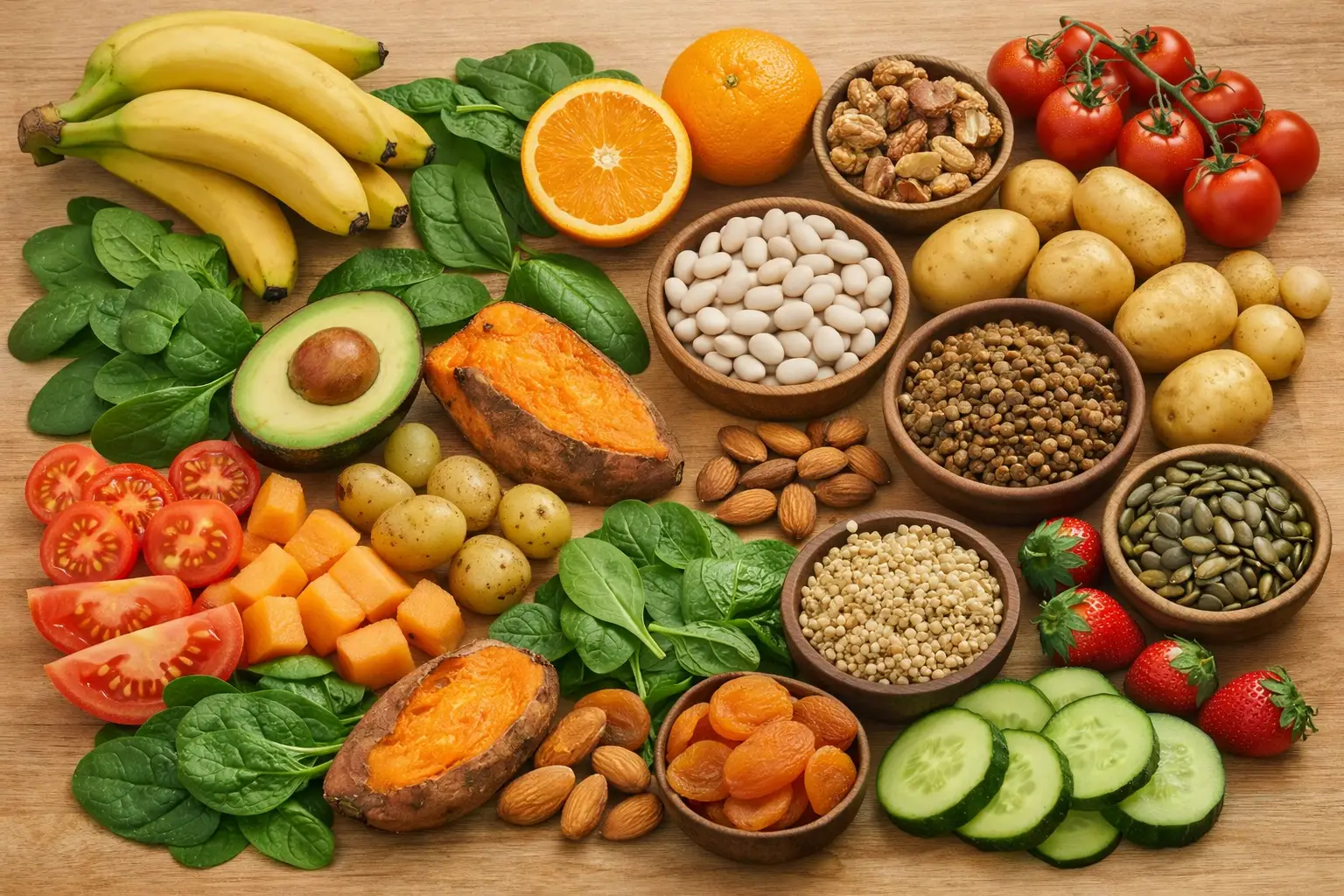 Alimentos ricos em potássio em uma mesa